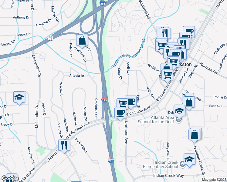 map of restaurants, bars, coffee shops, grocery stores, and more near 3430 Casa Court in Clarkston