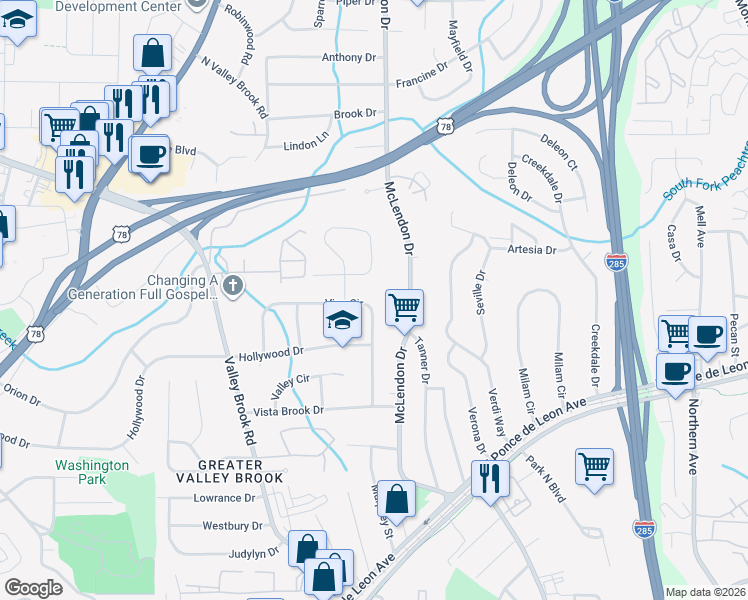 map of restaurants, bars, coffee shops, grocery stores, and more near 3116 Vine Circle in Decatur