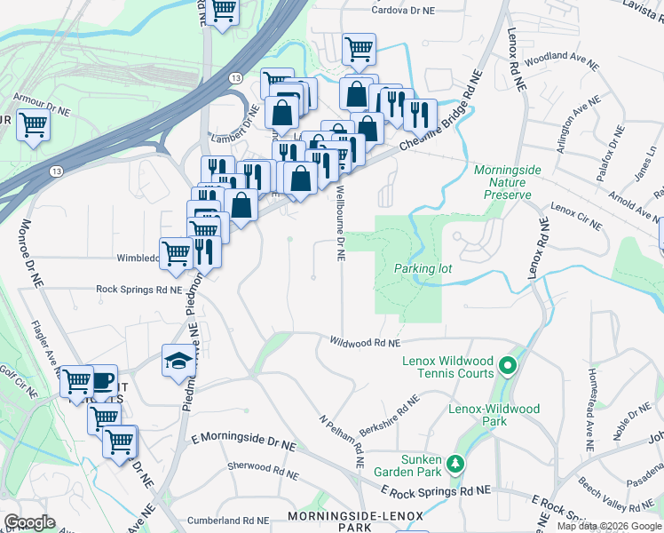 map of restaurants, bars, coffee shops, grocery stores, and more near 1919 Wellbourne Drive Northeast in Atlanta