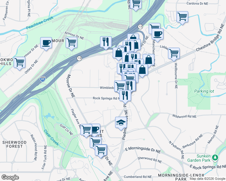 map of restaurants, bars, coffee shops, grocery stores, and more near 554 Wimbledon Road Northeast in Atlanta