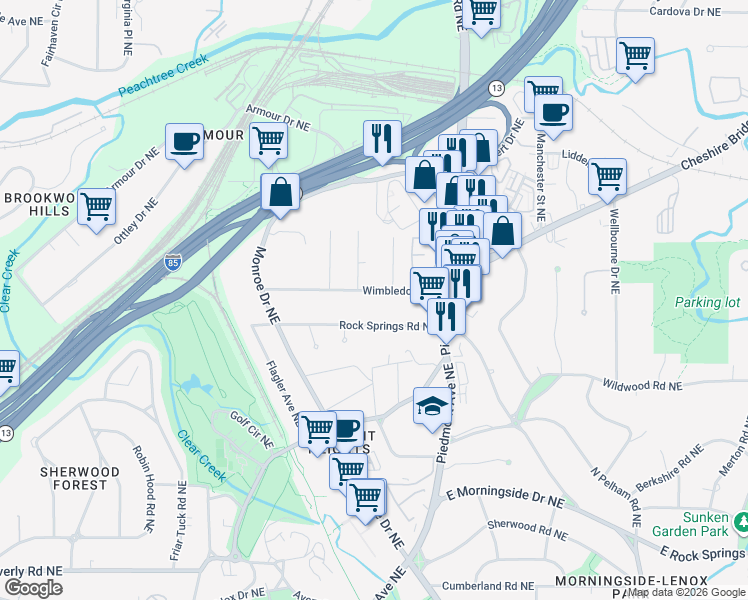 map of restaurants, bars, coffee shops, grocery stores, and more near 512 Wimbledon Road Northeast in Atlanta