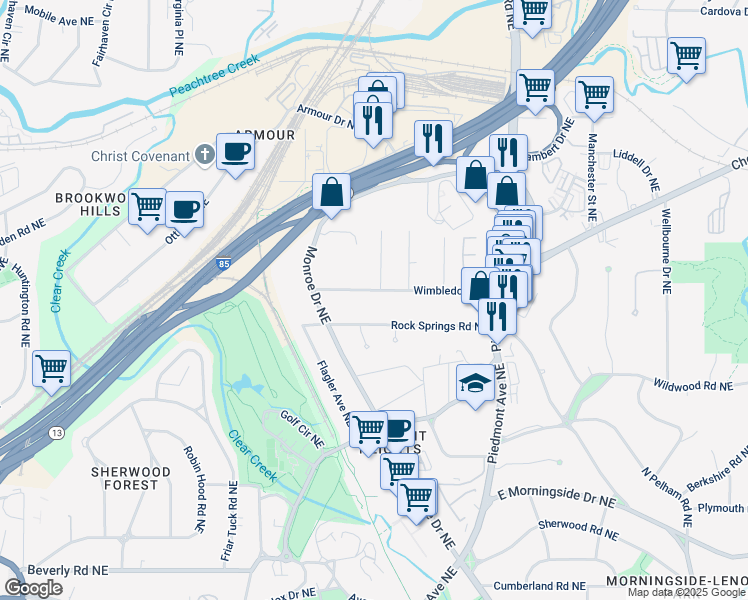 map of restaurants, bars, coffee shops, grocery stores, and more near 443 Wimbledon Road Northeast in Atlanta