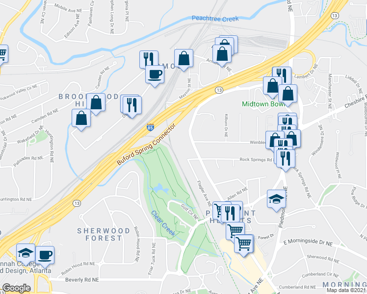 map of restaurants, bars, coffee shops, grocery stores, and more near 505 Ansley Villa Drive Northeast in Atlanta