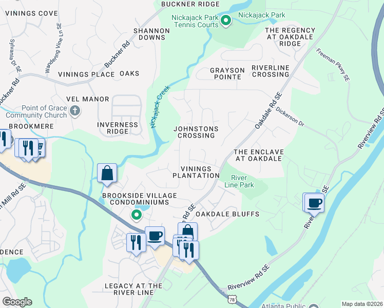 map of restaurants, bars, coffee shops, grocery stores, and more near 6002 Farmwood Way Southeast in Mableton