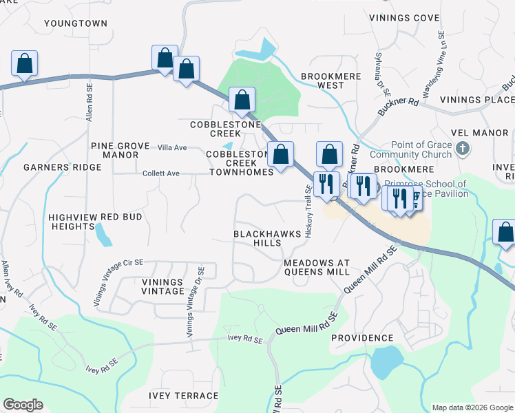 map of restaurants, bars, coffee shops, grocery stores, and more near 6026 Blackhawk Trail Southeast in Mableton