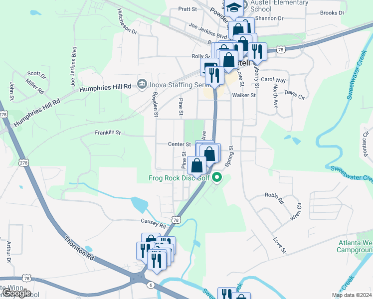map of restaurants, bars, coffee shops, grocery stores, and more near 6058 Pine Street in Austell