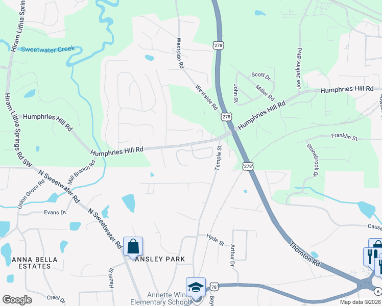 map of restaurants, bars, coffee shops, grocery stores, and more near 2000 Bonny Glen Circle in Austell