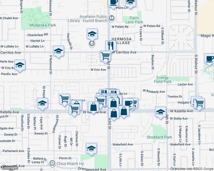 map of restaurants, bars, coffee shops, grocery stores, and more near 1621 South Euclid Street in Anaheim
