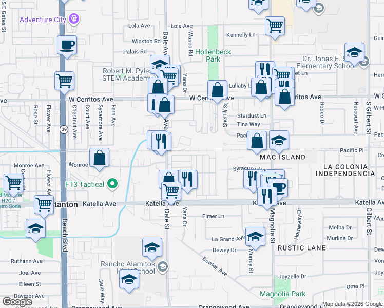 map of restaurants, bars, coffee shops, grocery stores, and more near Ben Avenue in Stanton