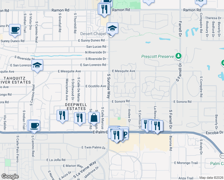 map of restaurants, bars, coffee shops, grocery stores, and more near 1731 Grand Bahama Drive East in Palm Springs