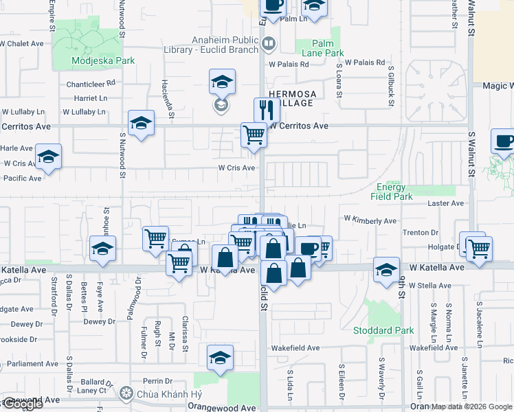 map of restaurants, bars, coffee shops, grocery stores, and more near 1645 South Euclid Street in Anaheim