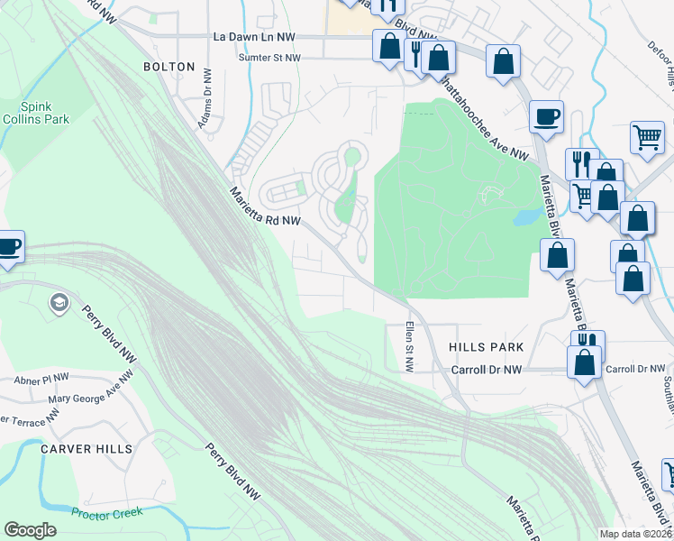 map of restaurants, bars, coffee shops, grocery stores, and more near 1888 Marietta Road Northwest in Atlanta