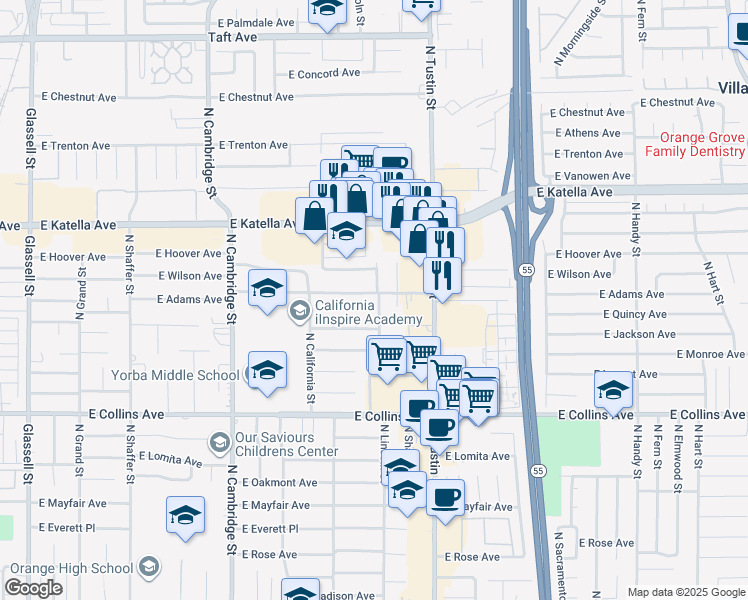 map of restaurants, bars, coffee shops, grocery stores, and more near 1428 East Adams Avenue in Orange