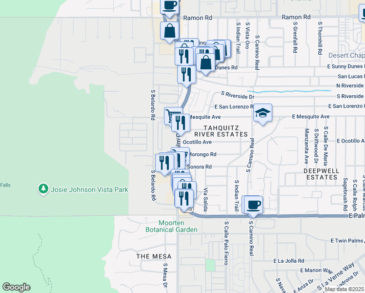 map of restaurants, bars, coffee shops, grocery stores, and more near 1200 South Palm Canyon Drive in Palm Springs