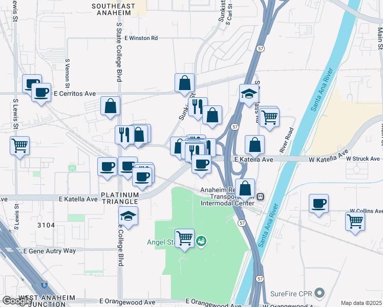 map of restaurants, bars, coffee shops, grocery stores, and more near 2401 East Katella Avenue in Anaheim
