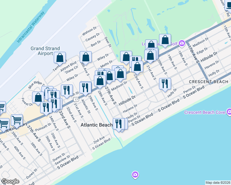 map of restaurants, bars, coffee shops, grocery stores, and more near 705 26th Avenue South in North Myrtle Beach