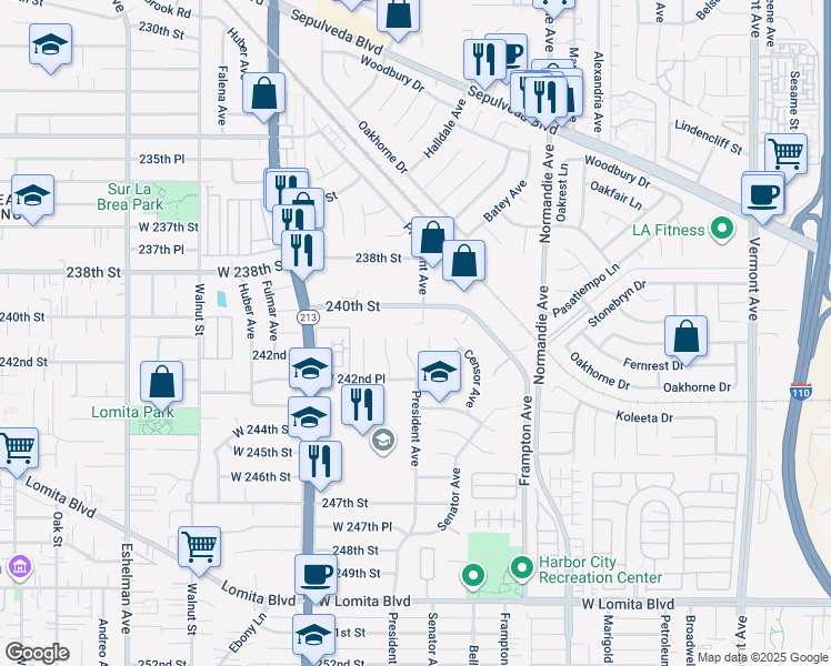 map of restaurants, bars, coffee shops, grocery stores, and more near 1460 240th Street in Los Angeles