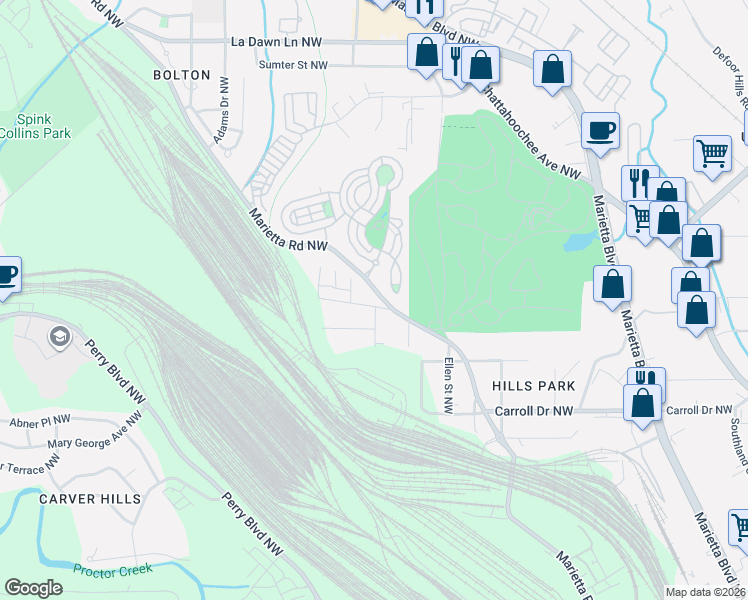 map of restaurants, bars, coffee shops, grocery stores, and more near 1888 Marietta Road Northwest in Atlanta