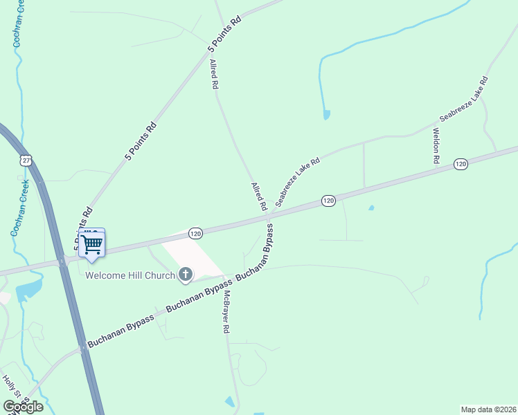 map of restaurants, bars, coffee shops, grocery stores, and more near 5024 Georgia 120 in Buchanan