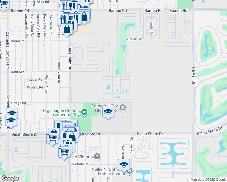 map of restaurants, bars, coffee shops, grocery stores, and more near Maple Drive in Cathedral City
