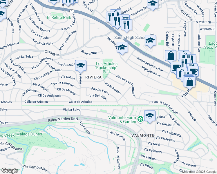 map of restaurants, bars, coffee shops, grocery stores, and more near 5114 Vía El Sereno in Torrance