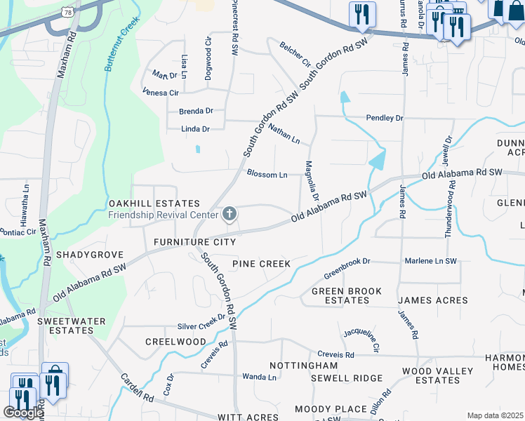 map of restaurants, bars, coffee shops, grocery stores, and more near 1793 Witt Circle in Austell