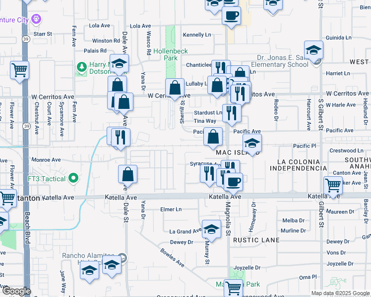 map of restaurants, bars, coffee shops, grocery stores, and more near 8781 Annapolis Avenue in Anaheim