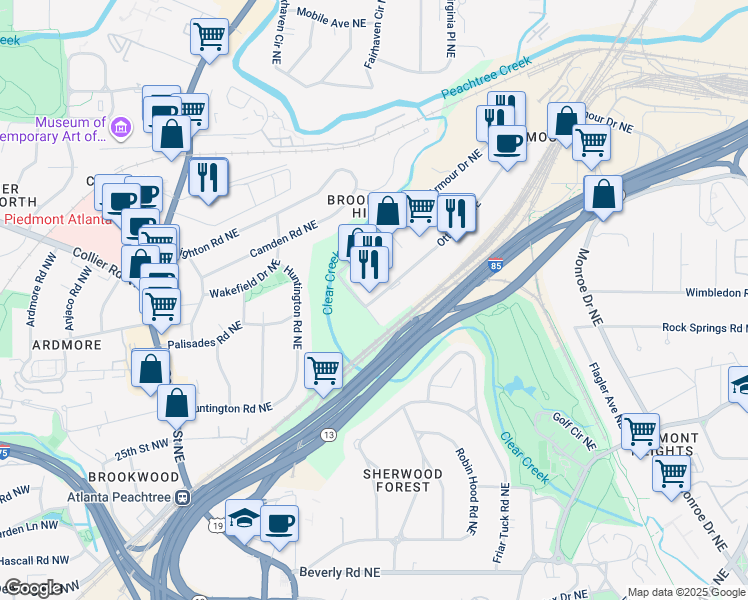 map of restaurants, bars, coffee shops, grocery stores, and more near 98 Ottley Drive Northeast in Atlanta