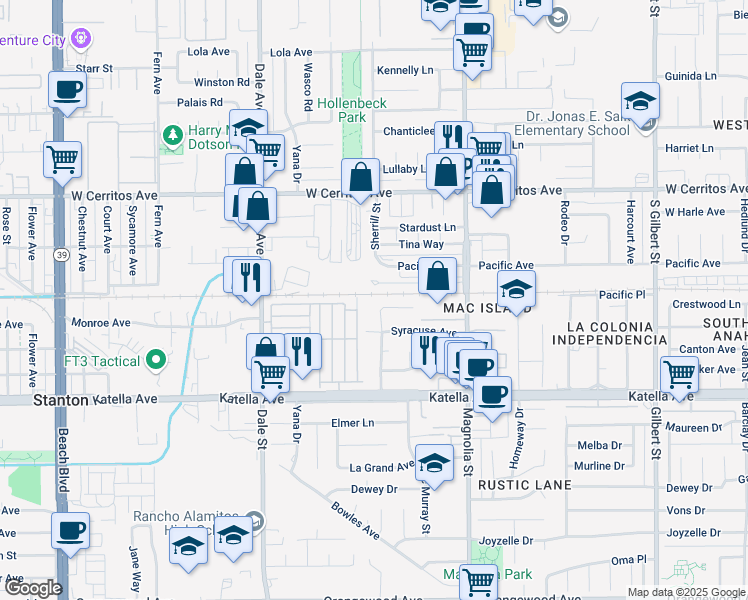 map of restaurants, bars, coffee shops, grocery stores, and more near 8781 Annapolis Avenue in Anaheim