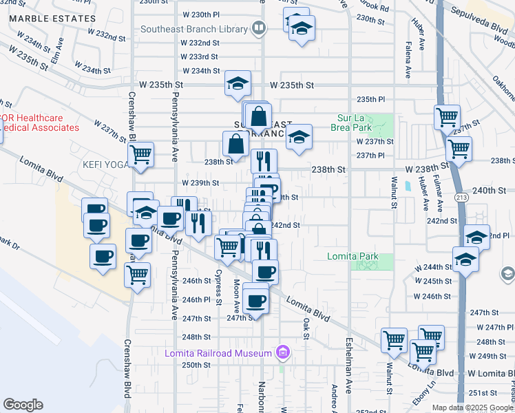 map of restaurants, bars, coffee shops, grocery stores, and more near 24001 Narbonne Avenue in Lomita