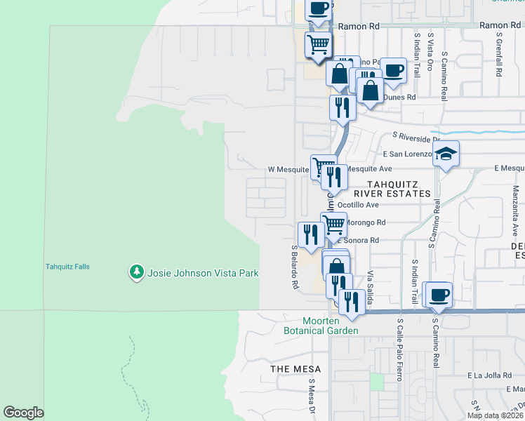 map of restaurants, bars, coffee shops, grocery stores, and more near 521 Jade Lane in Palm Springs