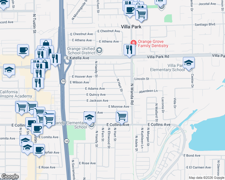 map of restaurants, bars, coffee shops, grocery stores, and more near 2710 East Adams Avenue in Orange