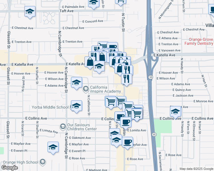 map of restaurants, bars, coffee shops, grocery stores, and more near 1428 East Adams Avenue in Orange