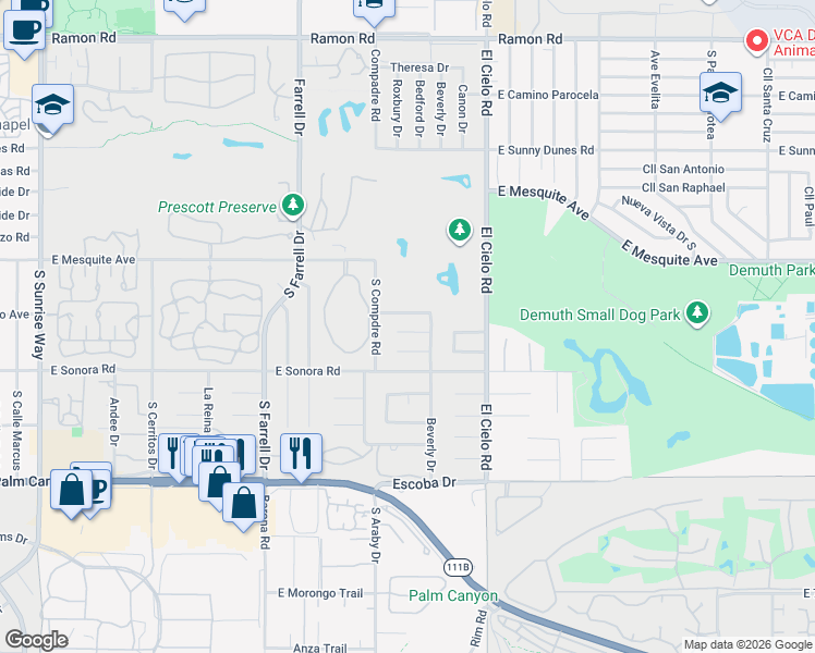 map of restaurants, bars, coffee shops, grocery stores, and more near 2964 East Orella Circle in Palm Springs