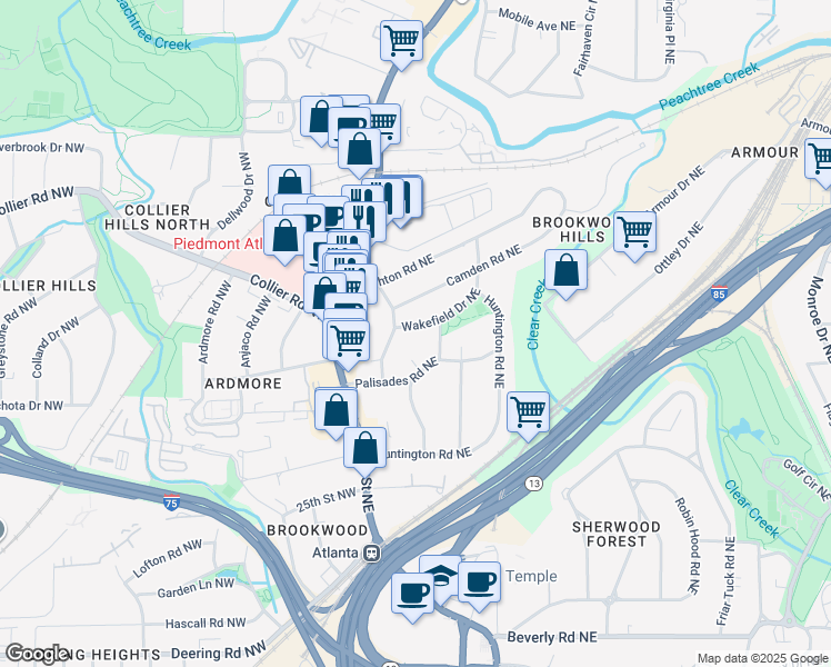 map of restaurants, bars, coffee shops, grocery stores, and more near 45 Montclair Drive Northeast in Atlanta