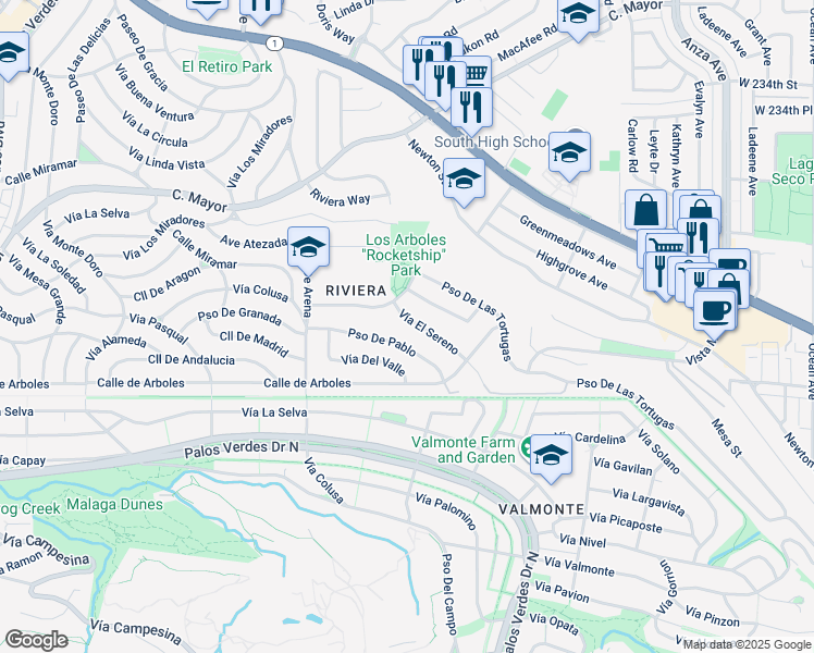 map of restaurants, bars, coffee shops, grocery stores, and more near 5114 Vía El Sereno in Torrance