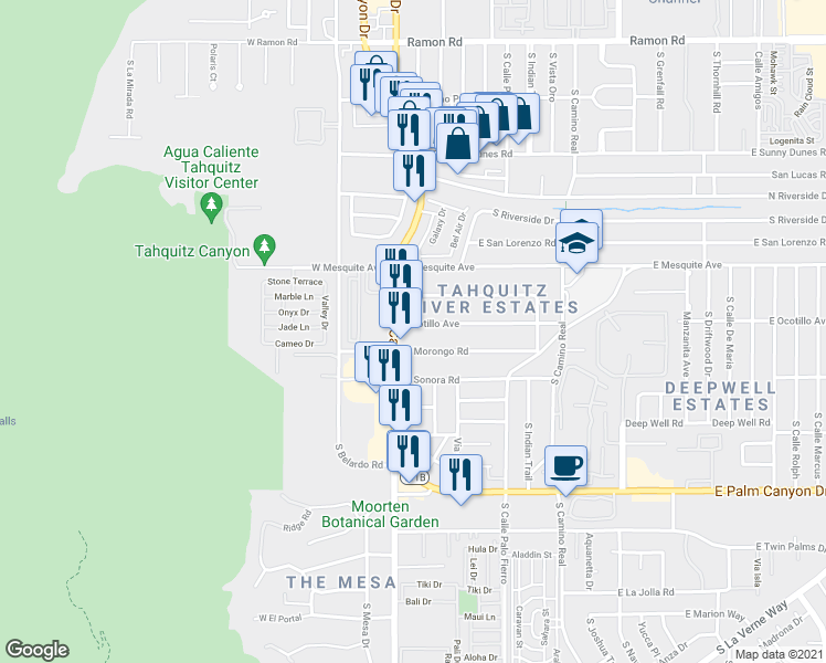map of restaurants, bars, coffee shops, grocery stores, and more near 1180 South Palm Canyon Drive in Palm Springs