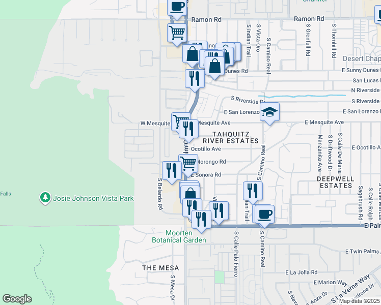 map of restaurants, bars, coffee shops, grocery stores, and more near 1180 South Palm Canyon Drive in Palm Springs