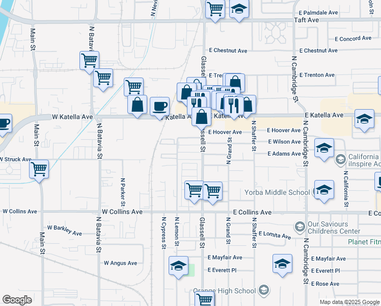 map of restaurants, bars, coffee shops, grocery stores, and more near 16 West Wilson Avenue in Orange
