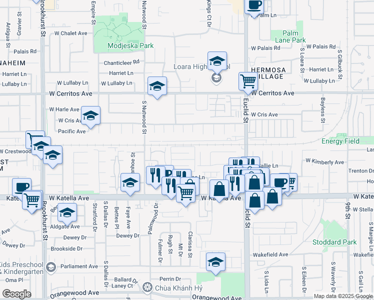 map of restaurants, bars, coffee shops, grocery stores, and more near 1815 West Crestwood Lane in Anaheim