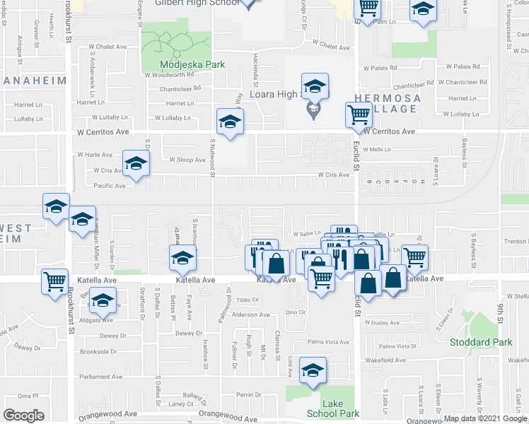 map of restaurants, bars, coffee shops, grocery stores, and more near 1815 West Crestwood Lane in Anaheim