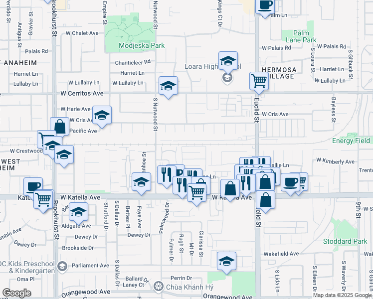 map of restaurants, bars, coffee shops, grocery stores, and more near 1841 West Crestwood Lane in Anaheim