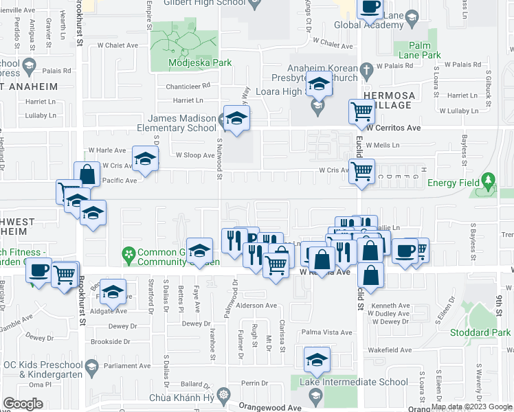 map of restaurants, bars, coffee shops, grocery stores, and more near 1841 West Crestwood Lane in Anaheim