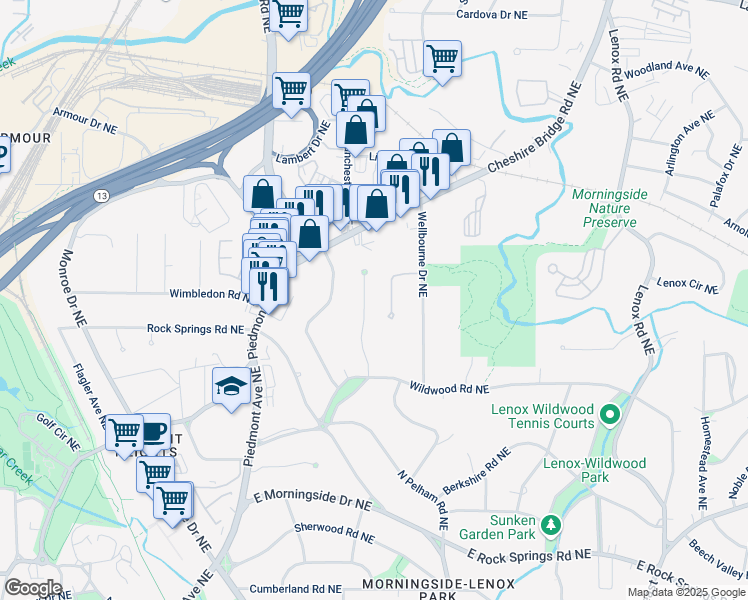 map of restaurants, bars, coffee shops, grocery stores, and more near 1897 Wildwood Place Northeast in Atlanta