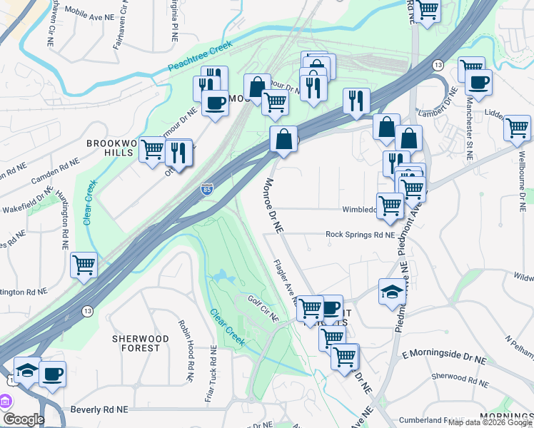 map of restaurants, bars, coffee shops, grocery stores, and more near 102 Ansley Villa Drive Northeast in Atlanta
