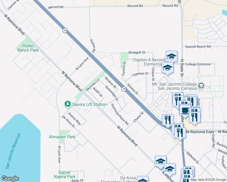 map of restaurants, bars, coffee shops, grocery stores, and more near 1413 Sunswept Drive in San Jacinto