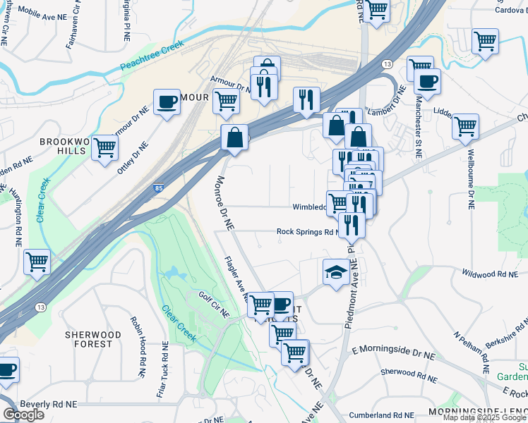 map of restaurants, bars, coffee shops, grocery stores, and more near 443 Wimbledon Road Northeast in Atlanta