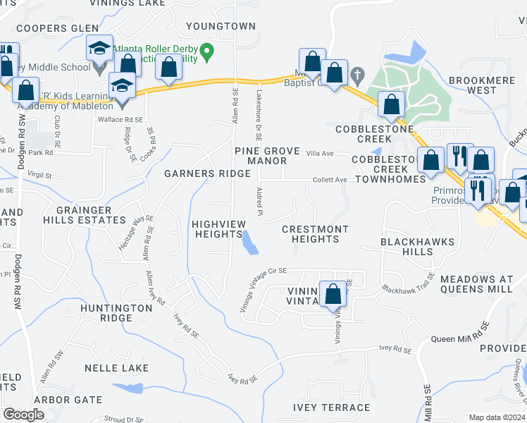 map of restaurants, bars, coffee shops, grocery stores, and more near 6055 Lakeshore Drive Southeast in Mableton