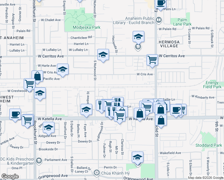 map of restaurants, bars, coffee shops, grocery stores, and more near 1841 West Crestwood Lane in Anaheim