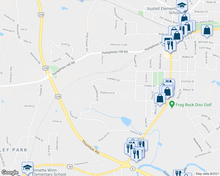 map of restaurants, bars, coffee shops, grocery stores, and more near 6075 Stonebrook Lane in Austell